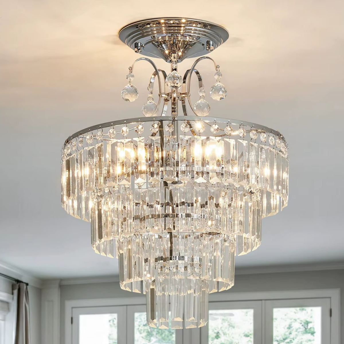 Tiered Crystal Semi-Flush Ceiling Light 39cm