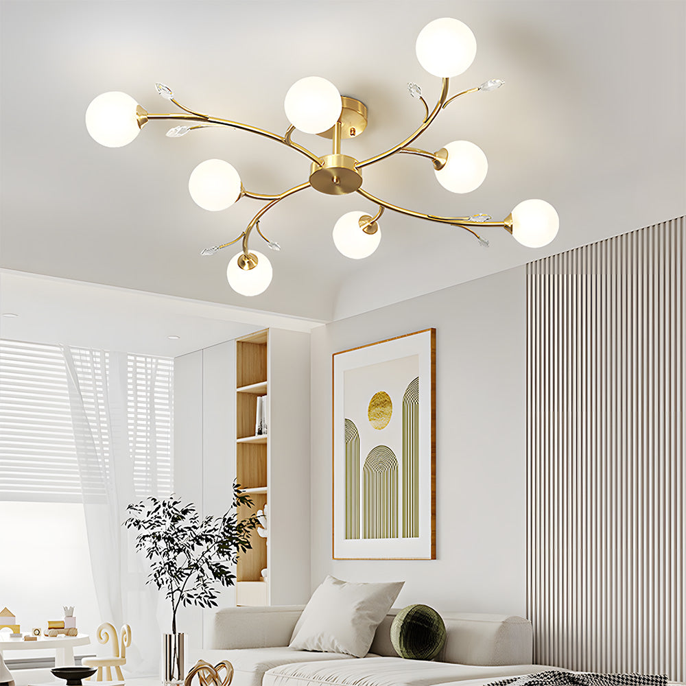 Spherical Semi-Flush Mount With Crystal-6/8/10/12 Lights Gold Ceiling Light