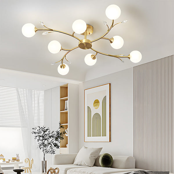 Spherical Semi-Flush Mount With Crystal-6/8/10/12 Lights Gold Ceiling Light