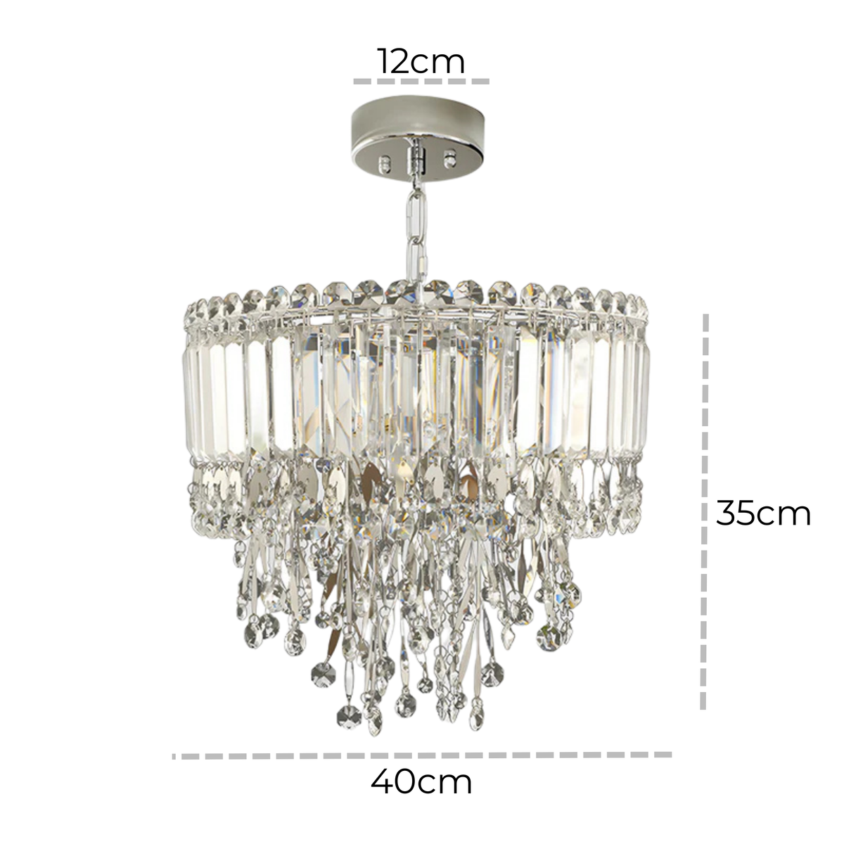 Dimension diagram of crystal fringe chandelier showing 40cm diameter, 35cm height and 12cm canopy - chrome crystal chandelier - Litora