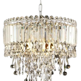 Chrome crystal chandelier with illuminated crystal bar drum and cascading crystal droplets and ball pendants - decorative crystal pendant light - Litora