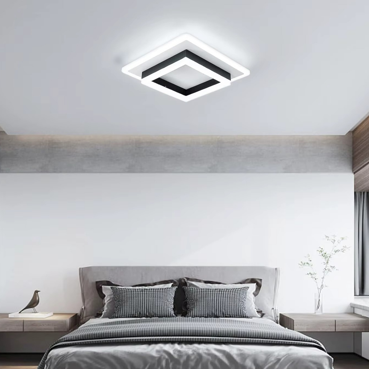 Double square LED ceiling light with glowing white outer frame and black inner frame above a modern bedroom - flush mount LED light - Litora
