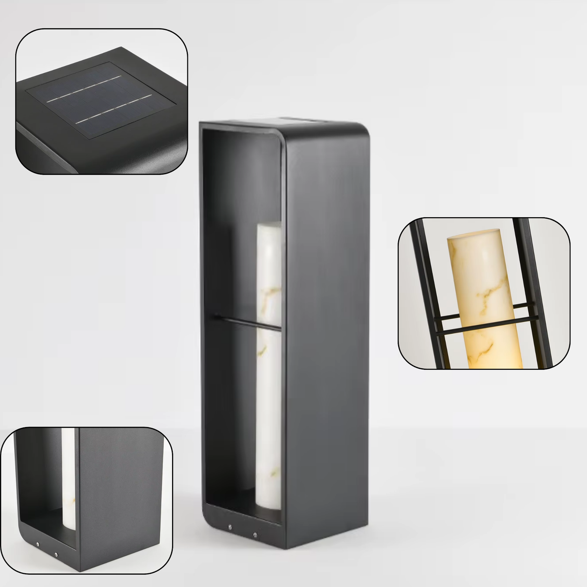 Litora solar garden light details - solar panel top marble effect diffuser and open frame - Litora
