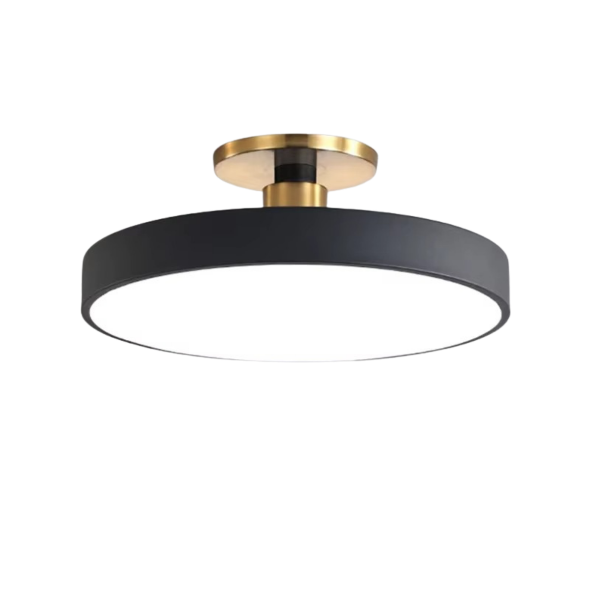 Round black disc LED semi-flush ceiling light with brushed brass fitting on white background - minimalist LED ceiling light - Litora