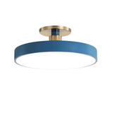Round blue disc LED semi-flush ceiling light with brushed brass fitting on white background - coloured LED ceiling light - Litora