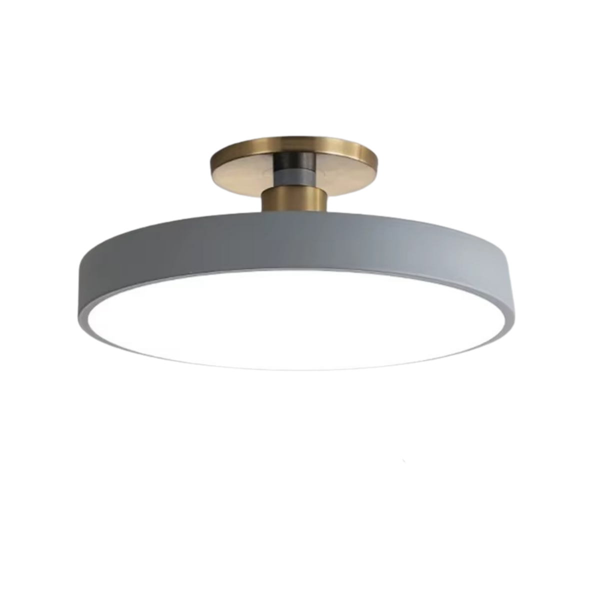 Round grey disc LED semi-flush ceiling light with brass fitting on white background - Scandinavian style LED ceiling light - Litora