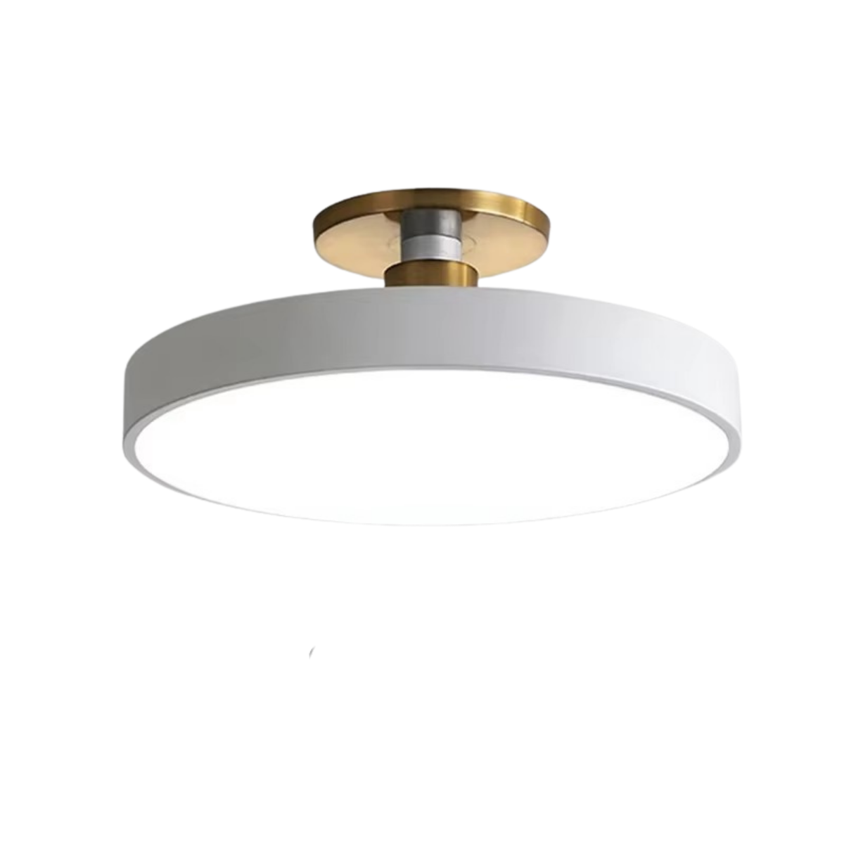 Round white disc LED semi-flush ceiling light with brushed brass fitting on white background - modern LED ceiling light - Litora