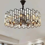 Round tiered crystal chandelier with black metal frame and cut glass panels on white background - luxury crystal pendant light - Litora