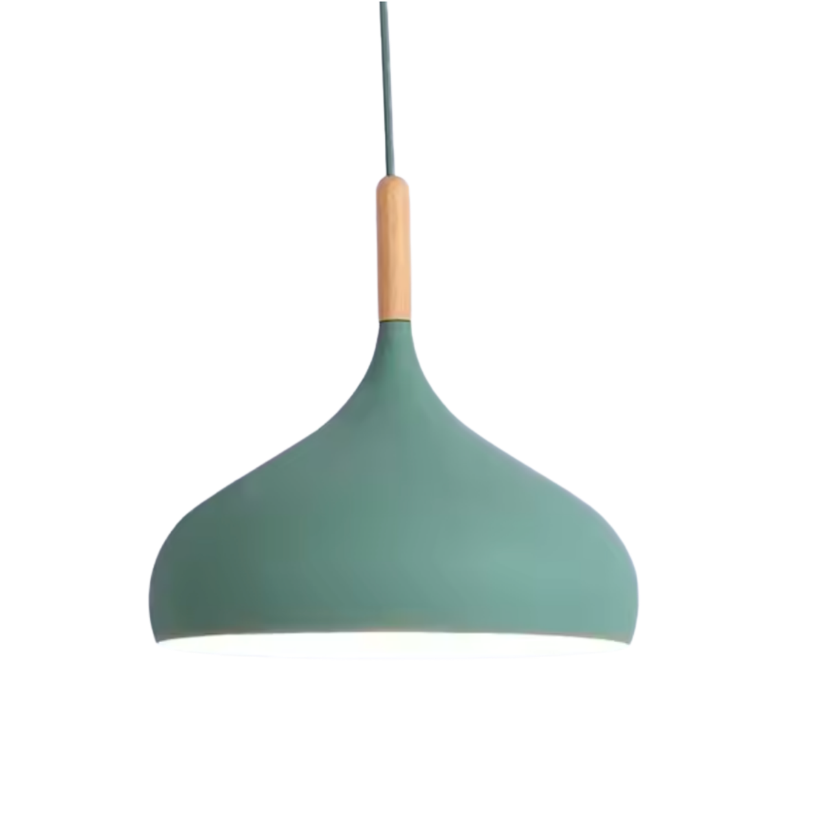 Sage green dome pendant light with natural wood connector and matching fabric cable on white background - Scandinavian pendant light - Litora