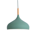 Sage green dome pendant light with natural wood connector and matching fabric cable on white background - Scandinavian pendant light - Litora