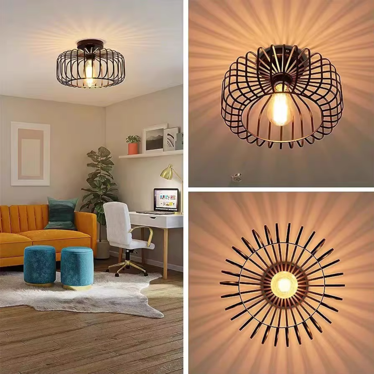 Round wire cage ceiling light casting dramatic radial shadow patterns on ceiling in living room, side view and top-down detail - decorative ceiling light effect - Litora