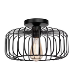 Round black wire cage semi-flush ceiling light with exposed Edison bulb on white background - industrial cage ceiling light - Litora