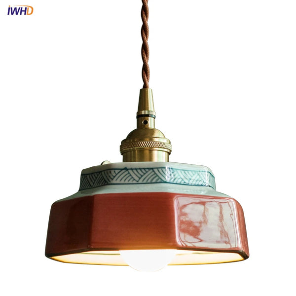 IWHD Vintage LED Pendant Light Freehand Painting Ceramic Copper