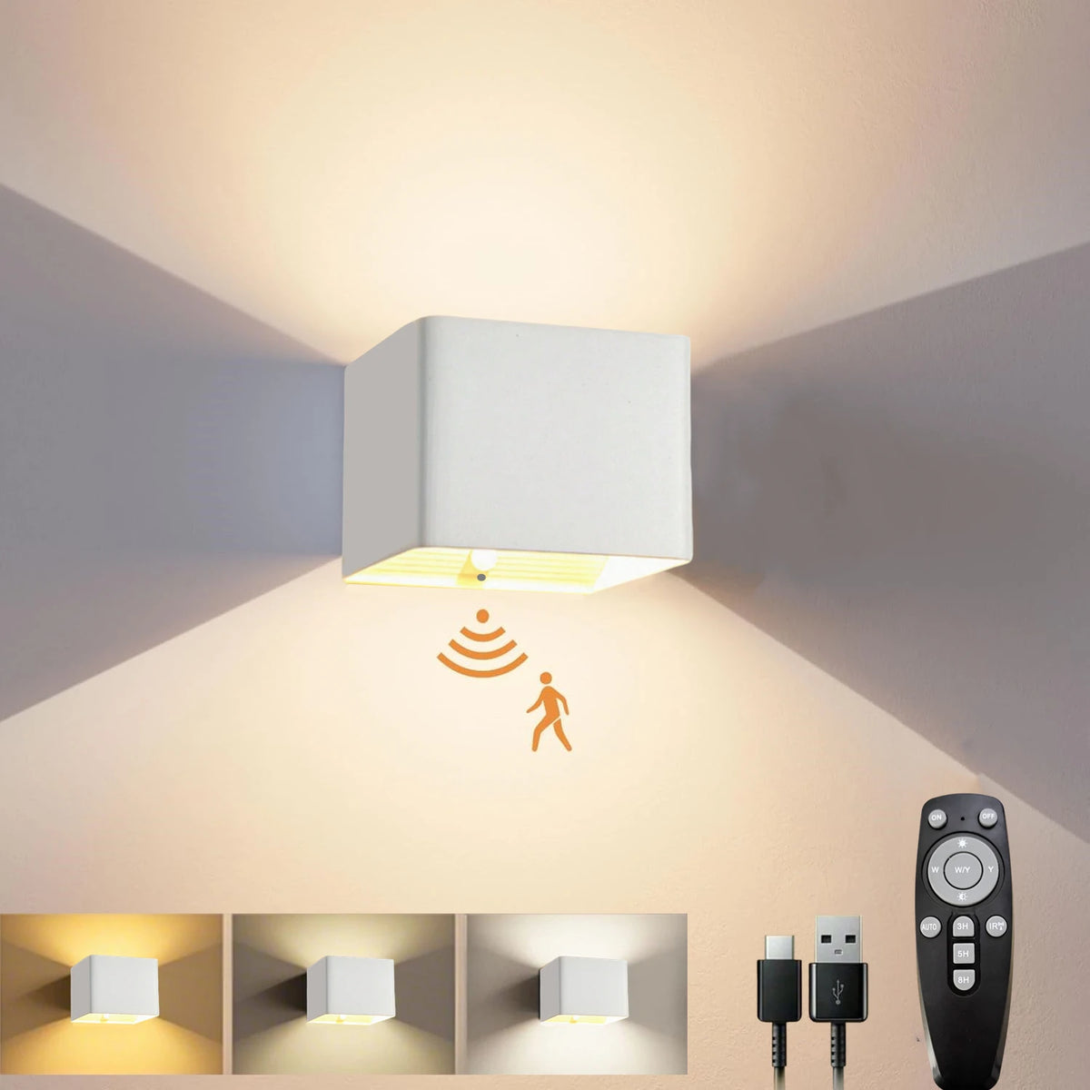 Wireless Rechargeable Battery-Powered Wall Light With Motion Sensor And
