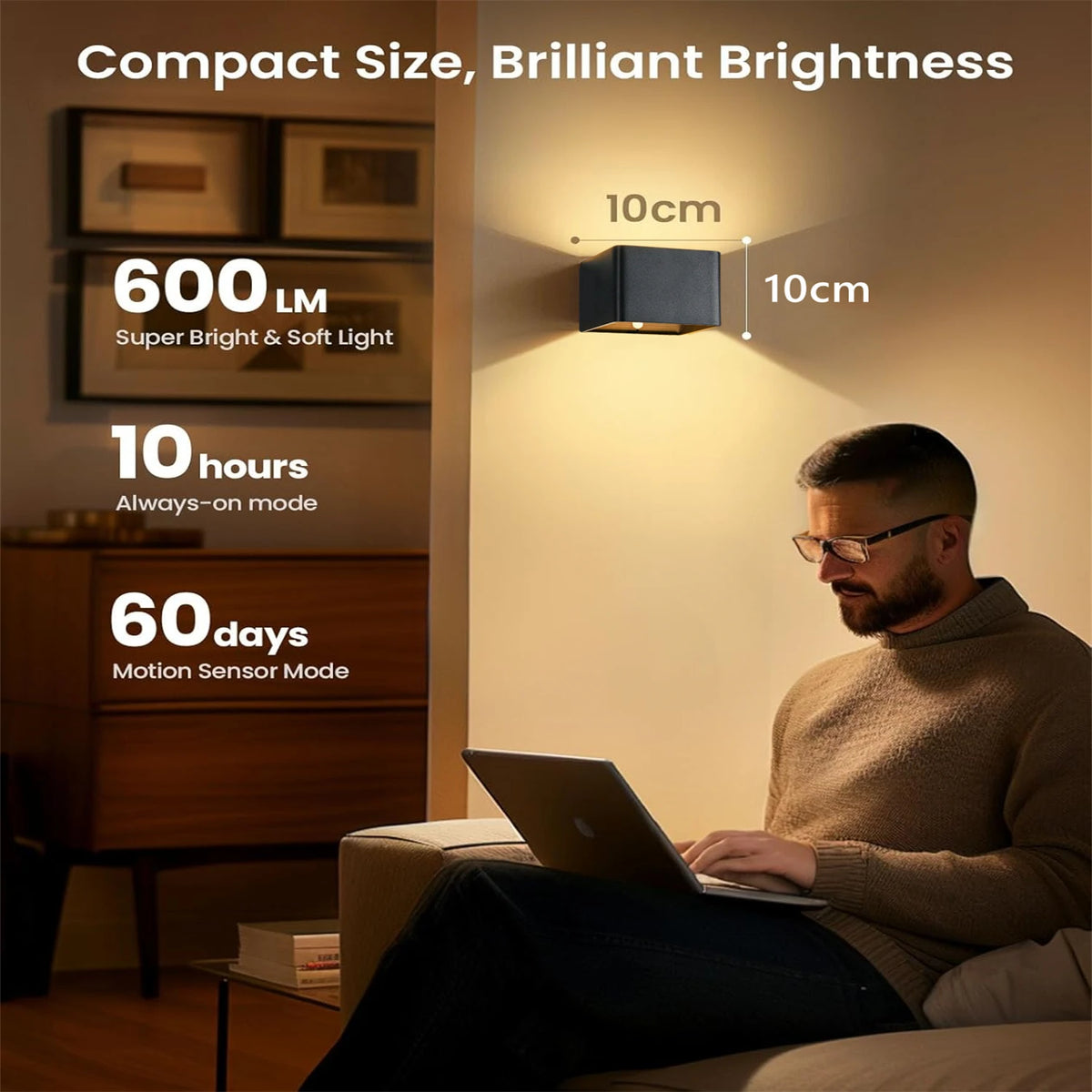 Wireless Rechargeable Battery-Powered Wall Light With Motion Sensor And