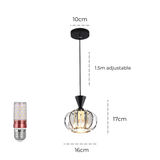 Dimension diagram of spiral cage crystal pendant light showing 16cm diameter, 17cm height and 1.5m adjustable cable with E27 LED bulb - Litora