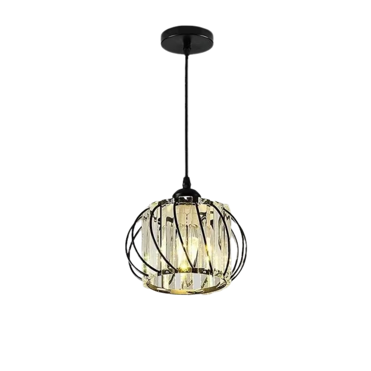 Round black spiral cage pendant light with crystal bar inner shade and E27 fitting on white background - small crystal pendant light - Litora