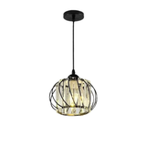 Round black spiral cage pendant light with crystal bar inner shade and E27 fitting on white background - small crystal pendant light - Litora