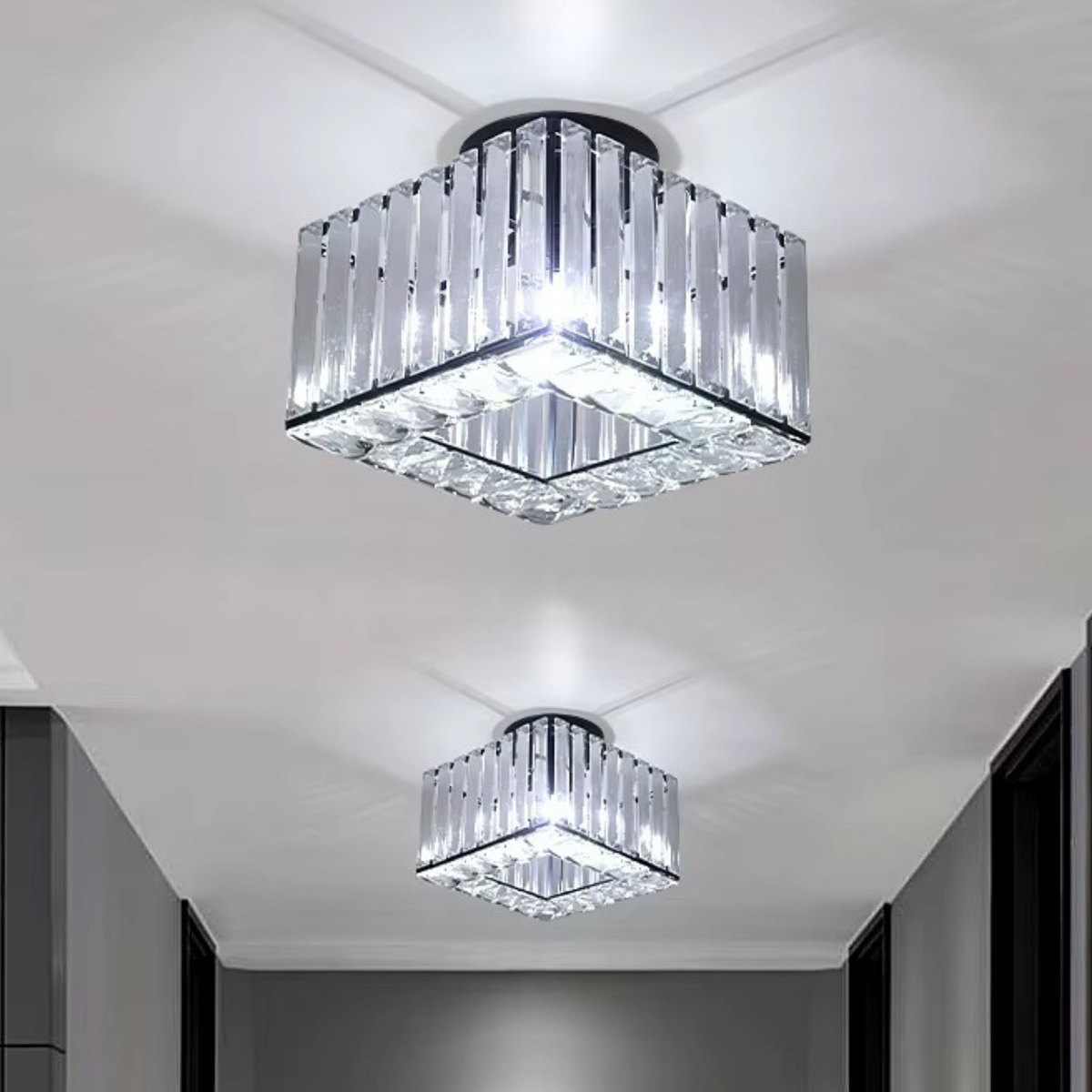 Two square crystal bar flush ceiling lights with chrome fittings installed along a modern grey hallway - small crystal ceiling light - Litora