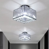 Two square crystal bar flush ceiling lights with chrome fittings installed along a modern grey hallway - small crystal ceiling light - Litora