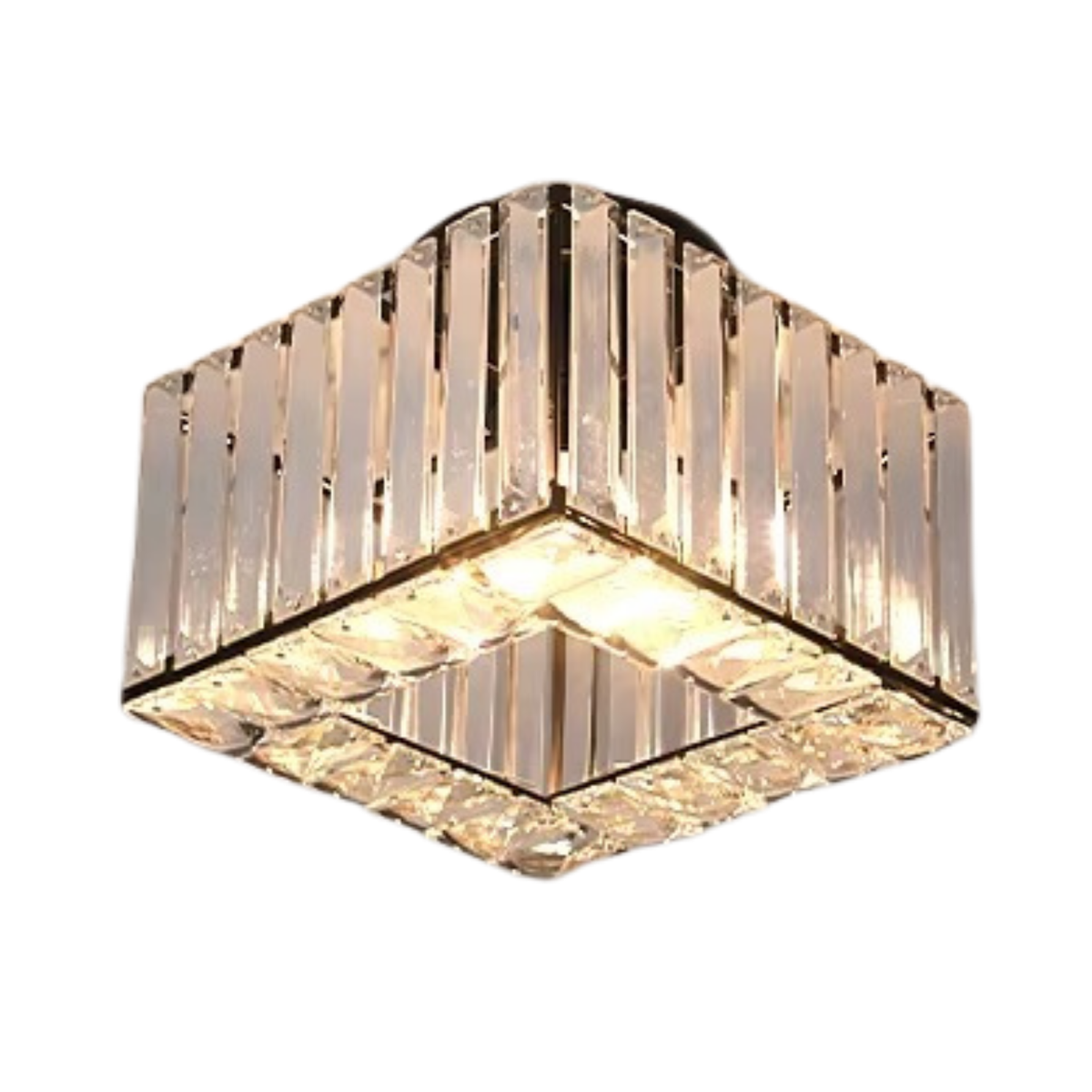 Square flush ceiling light with vertical crystal bar sides and faceted crystal base panel in chrome finish - compact crystal ceiling light - Litora