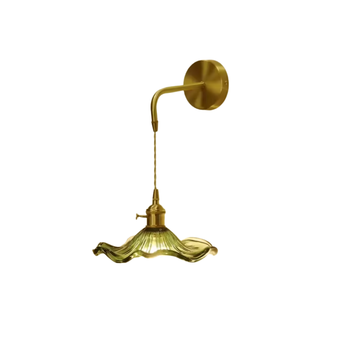 Vintage ribbed green glass wall sconce with brass curved arm - white background - Litora
